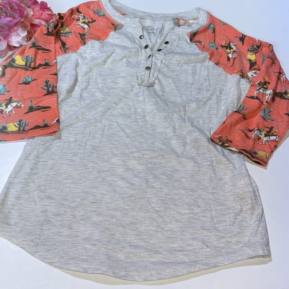 Panhandle Cowgirl Henley 3/4 Sleeve Western Baseball T Peach Western Shirt
